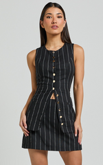 Calvin Two Piece Set - Tailored Linen Scoop Neck Vest Top and A Line Mini Skirt Set in Black