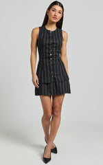 Calvin Two Piece Set - Tailored Linen Scoop Neck Vest Top and A Line Mini Skirt Set in Black