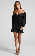 Cant Move On Off Shoulder Mini Linen Blend Dress in Black Linen Look
