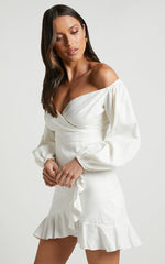 Cant Move On Off Shoulder Mini Linen Blend Dress in White Linen Look