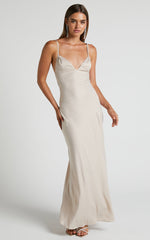 Cariela Maxi Dress - Plunge Neck Satin Dress in Champagne