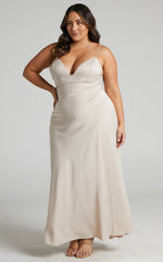 Cariela Maxi Dress - Plunge Neck Satin Dress in Champagne
