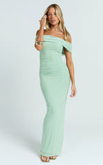 Caterina Maxi - Ruched Off Shoulder Mesh Dress in Sage