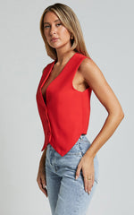 Charla Top - Tailored Button Through Vest in Red