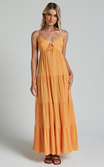 Chila Midi Dress - Strappy Tie Front Low Back Tiered Dress in Papaya Orange