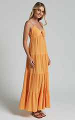 Chila Midi Dress - Strappy Tie Front Low Back Tiered Dress in Papaya Orange