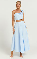 Claire Two Piece Set - One Shoulder Rosette Detail Crop Top And A Line Skirt Set in Powder Blue