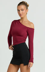 Clarence Top - Long Sleeve Off Shoulder Gathered Top in Burgundy