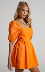 Claudina Mini Dress - Linen Look Puff Sleeve Ruched Bodice Dress in Bright Orange