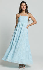 Claya Midi Dress - Sleeveless Straight Neckline Floral Detail Dress in Pale Blue