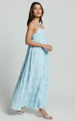 Claya Midi Dress - Sleeveless Straight Neckline Floral Detail Dress in Pale Blue