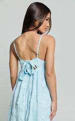 Claya Midi Dress - Sleeveless Straight Neckline Floral Detail Dress in Pale Blue