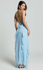 Connie Midi Dress - Ruffle Detail Dress in Blue