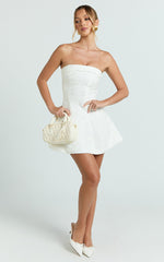 Courtney Mini Dress - Satin Paneled Strapless A Line Dress in White