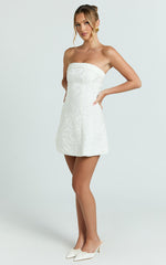 Courtney Mini Dress - Satin Paneled Strapless A Line Dress in White