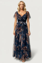 Nicola Tulle Maxi Dress | Dark Blue Floral