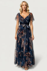 Nicola Tulle Maxi Dress | Dark Blue Floral