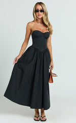 Daria Midi Dress - Strapless Corset Gathered Dress in Black