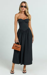 Daria Midi Dress - Strapless Corset Gathered Dress in Black