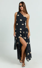 Darlynne Midi Dress - One Shoulder Dress in Black Polkadot