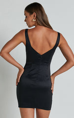 Datasha Mini Dress - Scoop Neck Sleeveless Rosette Detail Dress in Black