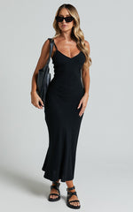 Delaina Midi Dress - Linen Look Strappy V Neck Bias Cut Slip in Black