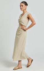 Devan Two Piece Set - Ruched Crop Top and A Line Midi Skirt Set in Sand