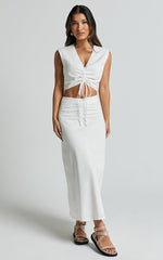 Devan Two Piece Set - Ruched Crop Top and A Line Midi Skirt Set in White