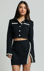 Donatella Jacket - Boucle Pearl Trim Long Sleeve Jacket in Black