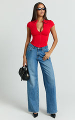 Duncan Top - Cap Sleeve Slit Neck Zip Front Top in Red
