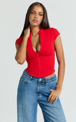 Duncan Top - Cap Sleeve Slit Neck Zip Front Top in Red