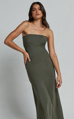 Elerie Maxi Linen Dress - Strapless Linen Dress in Olive