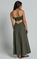Elerie Maxi Linen Dress - Strapless Linen Dress in Olive
