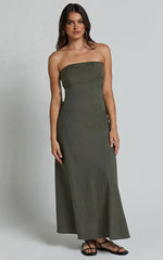 Elerie Maxi Linen Dress - Strapless Linen Dress in Olive