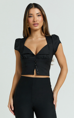 Ella Top - Square Neck Button Through Crop Top in Black