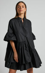 Elowen Mini Dress - Button Up Asymmetrical Tiered Smock Dress in Black