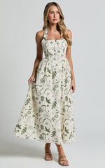 Elsie Maxi Dress - Fit & Flare Halter Neck Maxi Dress in Sage Print