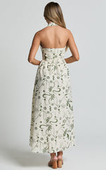 Elsie Maxi Dress - Fit & Flare Halter Neck Maxi Dress in Sage Print