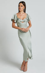 Emberlynn Midi Dress - Flutter Sleeve Cut Out Satin Dress in Sage