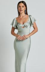 Emberlynn Midi Dress - Flutter Sleeve Cut Out Satin Dress in Sage