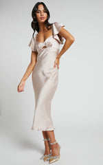 Emberlynn Midi Dress - Flutter Sleeve Cut Out Satin Dress in Champagne