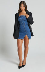 Erline Mini Dress - Asymmetric Strapless Denim Dress in Dark Blue Wash
