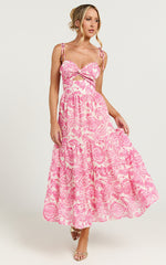Esmeralda Midi Dress - Strappy Cut Out Tiered Dress in Pink Floral