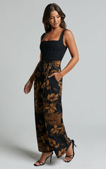 Etta Pants - High Waist Wide Leg Satin Pants in Amber Floral Print