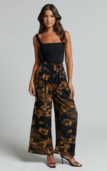Etta Pants - High Waist Wide Leg Satin Pants in Amber Floral Print