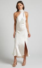 Evana Midi Dress - High Asymmetrical Neck Satin Slip Dress in Champagne