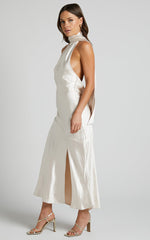 Evana Midi Dress - High Asymmetrical Neck Satin Slip Dress in Champagne
