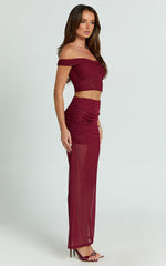 Francine Two Piece Top and Skirt Set - Twist Front Top and Mid Waist Gathered Maxi Skirt in Wine