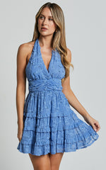 Frankie Mini Dress - Halter Neck Tiered Dress in Cornflower Blue