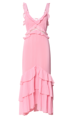 Hattie Midi Dress - Ruffle Detail V Neck Dress in Pink